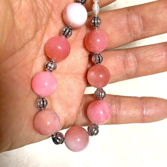 Beaded Dyed Pink Agate & White Freshwater Pearl Adjustable Choker - Picture 14 of 14